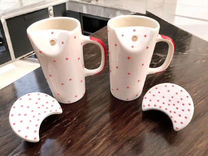 OCEAN STORE Ceramic Tumbler Coffee Mug with Lid & Stainless Steel Straw, White with Red Polka Dots, for Tea, Coffee & Milk (Pack of 1) (Pack of 1)