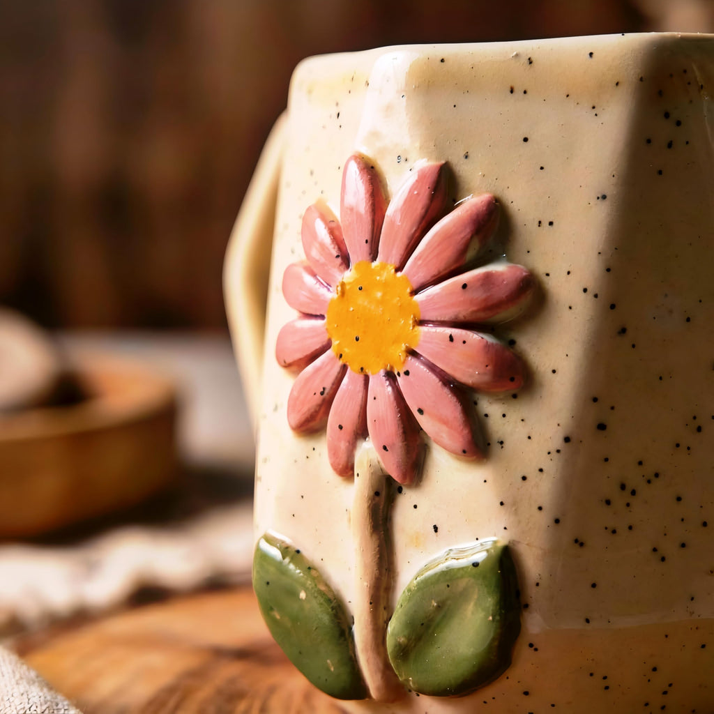 OCEAN STORE Ceramic Hexagonal Flower 240ml Coffee Mug – 3D Floral Design, Aesthetic Hand-Painted Tea Cup for Home & Office, Unique Gift for Women & Girls (Light Green)
