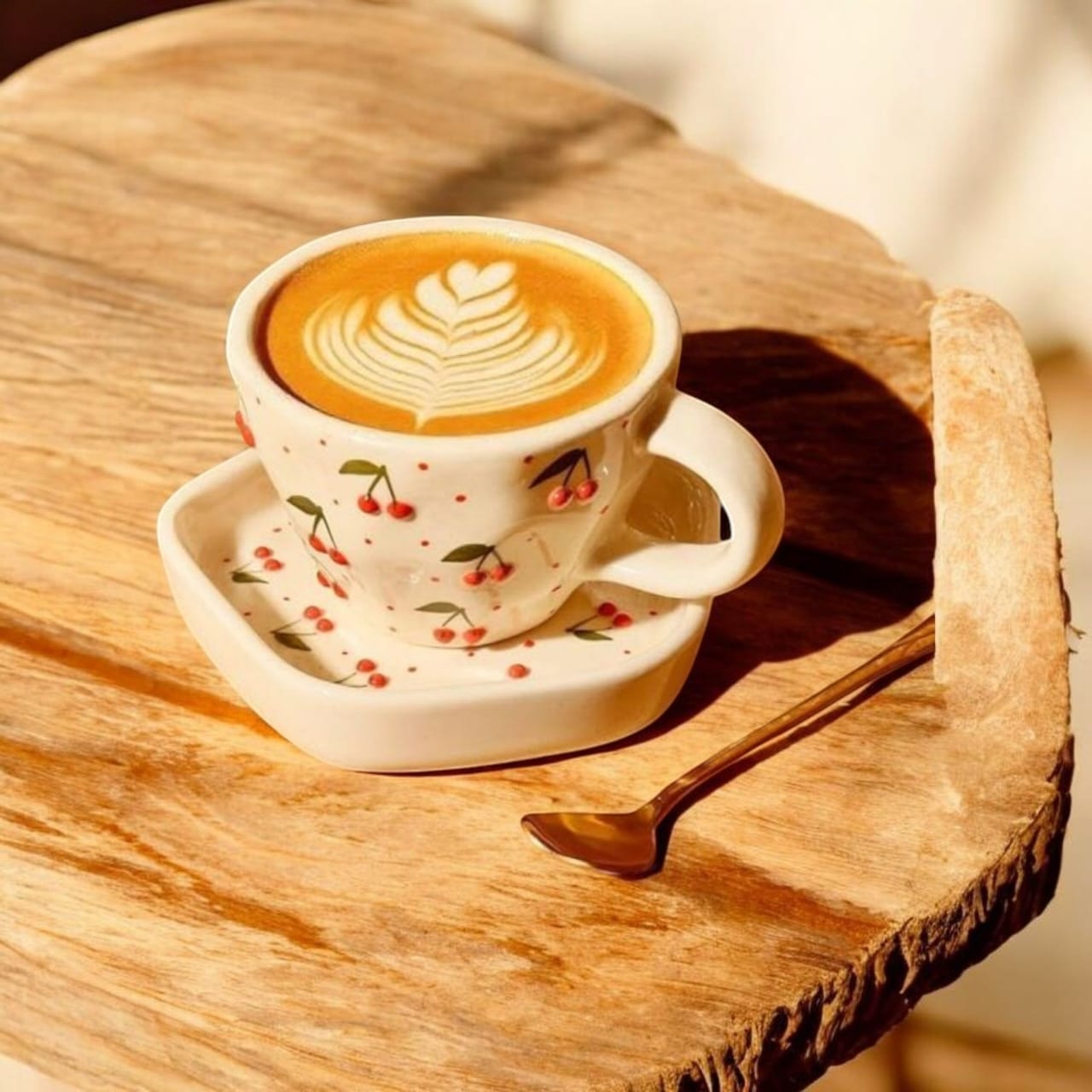 OCEAN STORE Ceramic Cherry Print Tea Cup with Saucer 250 ml | Aesthetic Coffee Cup Set | Cute Printed Ceramic Mug | Glossy Finish Cup for Home, Office & Café (1)