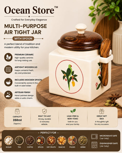 Airtight Ceramic Jar with Wooden Lid and Wooden Spoon, 900ml, Cream, Square, Kitchen Container for Sugar, Tea, Salt, Pickles (Parrot)