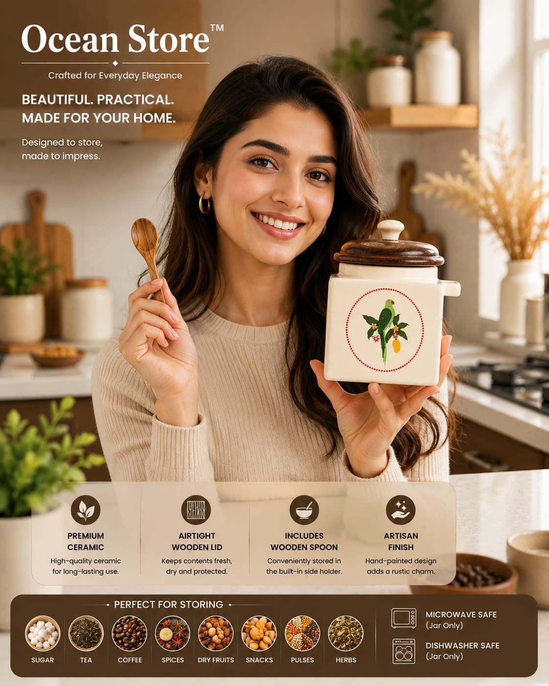 Airtight Ceramic Jar with Wooden Lid and Wooden Spoon, 900ml, Cream, Square, Kitchen Container for Sugar, Tea, Salt, Pickles (Parrot)