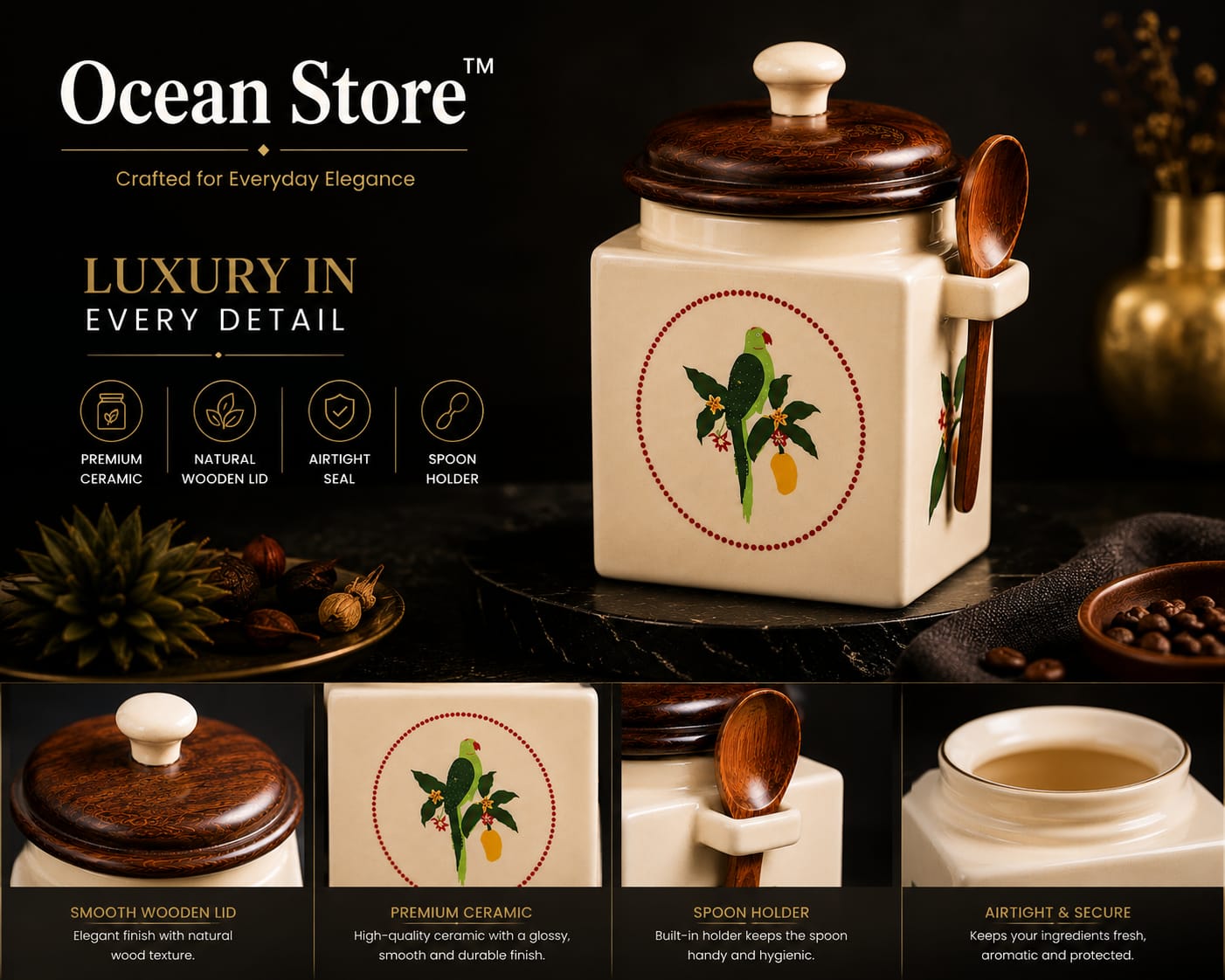 Airtight Ceramic Jar with Wooden Lid and Wooden Spoon, 900ml, Cream, Square, Kitchen Container for Sugar, Tea, Salt, Pickles (Parrot)
