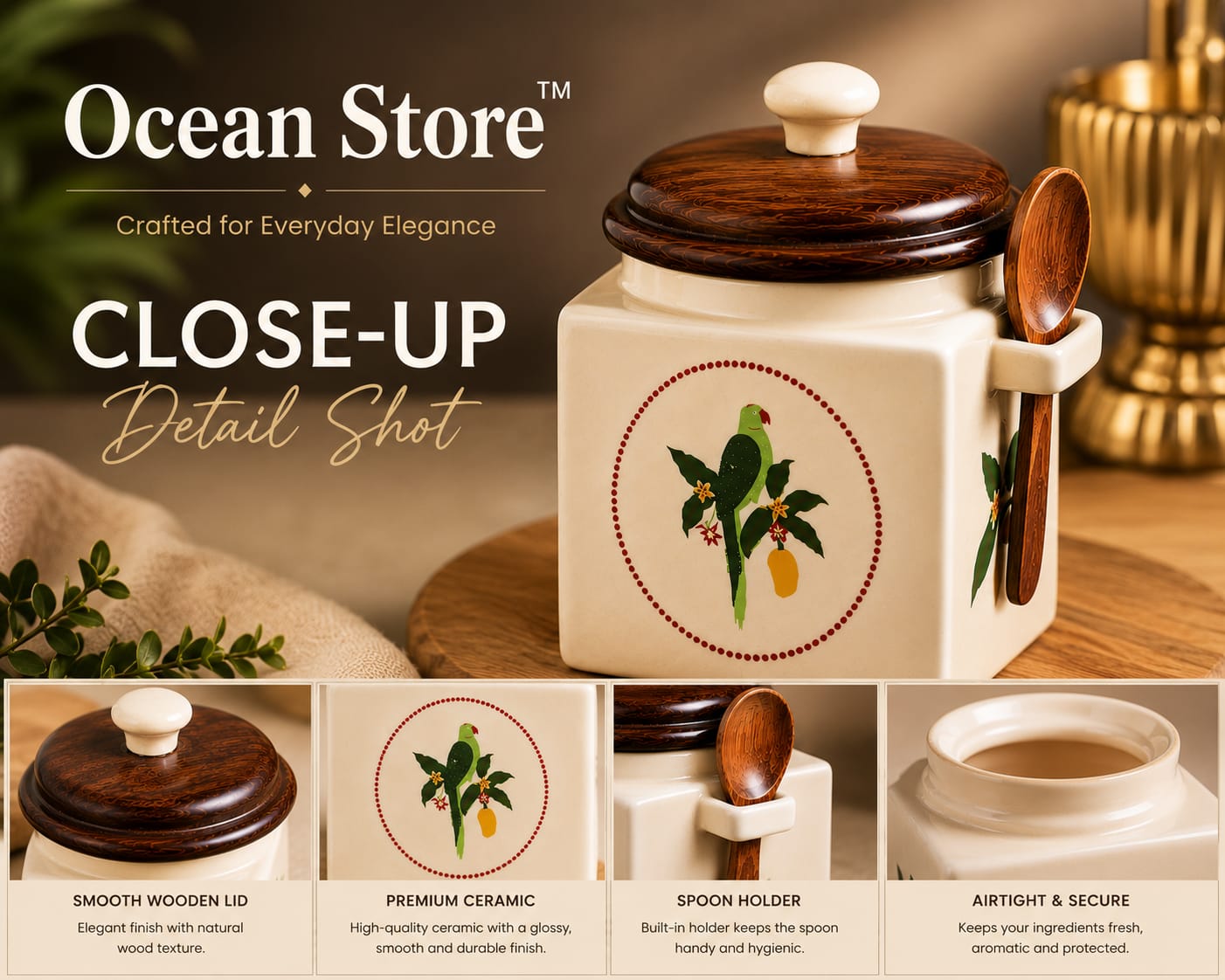 Airtight Ceramic Jar with Wooden Lid and Wooden Spoon, 900ml, Cream, Square, Kitchen Container for Sugar, Tea, Salt, Pickles (Parrot)