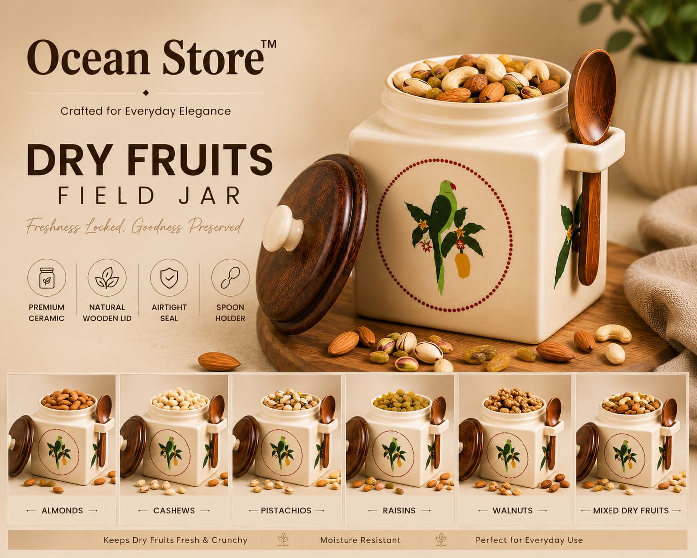 Airtight Ceramic Jar with Wooden Lid and Wooden Spoon, 900ml, Cream, Square, Kitchen Container for Sugar, Tea, Salt, Pickles (Parrot)