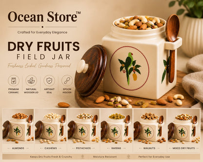 Airtight Ceramic Jar with Wooden Lid and Wooden Spoon, 900ml, Cream, Square, Kitchen Container for Sugar, Tea, Salt, Pickles (Parrot)