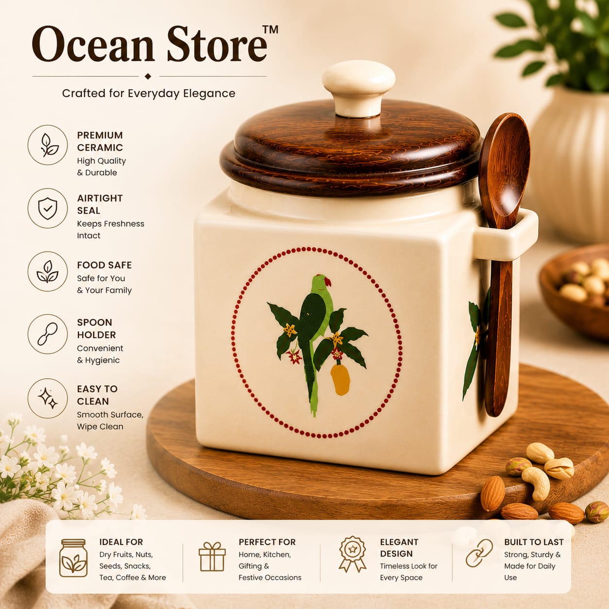 Airtight Ceramic Jar with Wooden Lid and Wooden Spoon, 900ml, Cream, Square, Kitchen Container for Sugar, Tea, Salt, Pickles (Parrot)