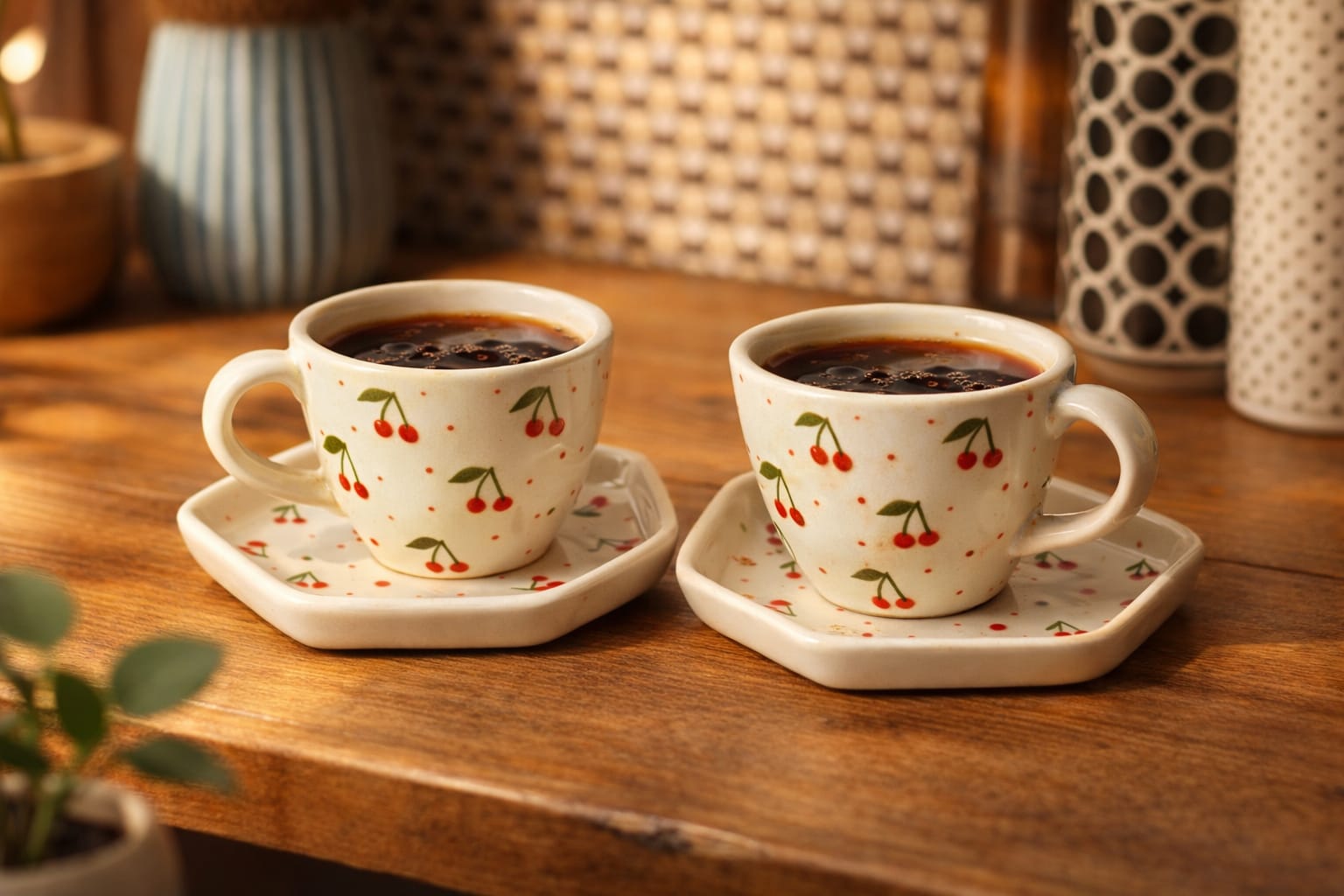 OCEAN STORE Ceramic Cherry Print Tea Cup with Saucer 250 ml | Aesthetic Coffee Cup Set | Cute Printed Ceramic Mug | Glossy Finish Cup for Home, Office & Café (1)