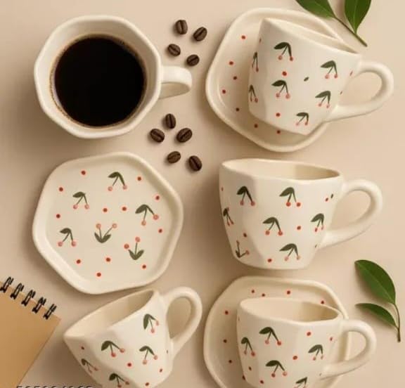 OCEAN STORE Ceramic Cherry Print Tea Cup with Saucer 250 ml | Aesthetic Coffee Cup Set | Cute Printed Ceramic Mug | Glossy Finish Cup for Home, Office & Café (1)