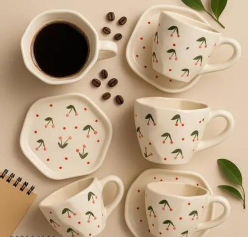 OCEAN STORE Ceramic Cherry Print Tea Cup with Saucer 250 ml | Aesthetic Coffee Cup Set | Cute Printed Ceramic Mug | Glossy Finish Cup for Home, Office & Café (1)