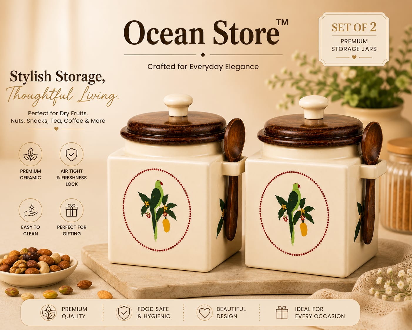 Airtight Ceramic Jar with Wooden Lid and Wooden Spoon, 900ml, Cream, Square, Kitchen Container for Sugar, Tea, Salt, Pickles (Parrot)
