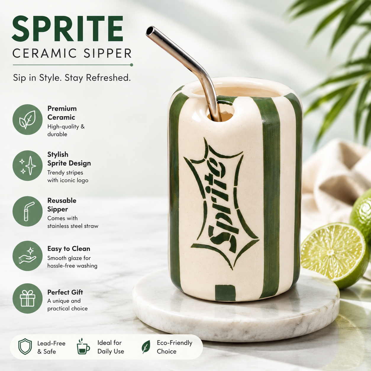 Sprite-inspired Ceramic Sipper with Stainless Steel Straw – 400ml | Ocean Store