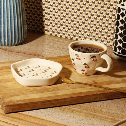 OCEAN STORE Ceramic Cherry Print Tea Cup with Saucer 250 ml | Aesthetic Coffee Cup Set | Cute Printed Ceramic Mug | Glossy Finish Cup for Home, Office & Café (1)