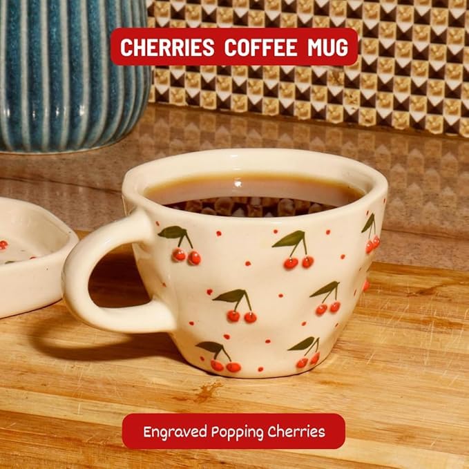 OCEAN STORE Ceramic Cherry Print Tea Cup with Saucer 250 ml | Aesthetic Coffee Cup Set | Cute Printed Ceramic Mug | Glossy Finish Cup for Home, Office & Café (1)
