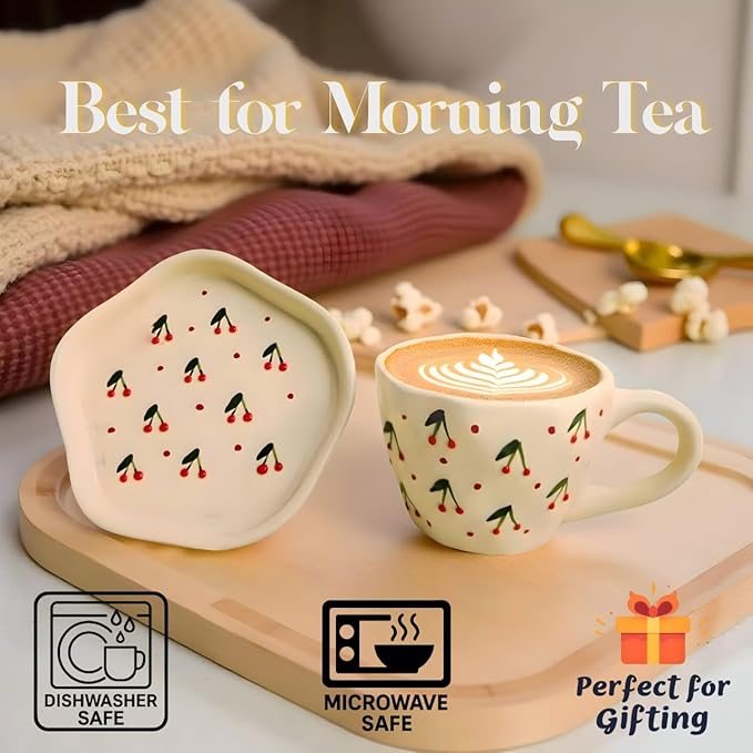 OCEAN STORE Ceramic Cherry Print Tea Cup with Saucer 250 ml | Aesthetic Coffee Cup Set | Cute Printed Ceramic Mug | Glossy Finish Cup for Home, Office & Café (1)