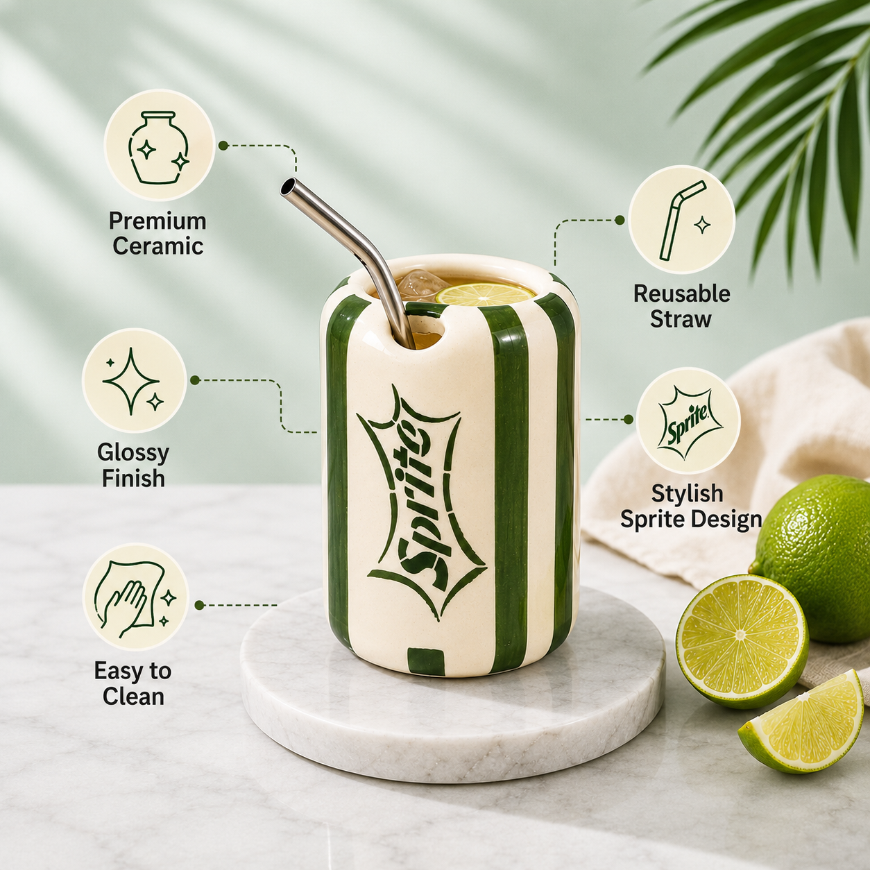 Sprite-inspired Ceramic Sipper with Stainless Steel Straw – 400ml | Ocean Store