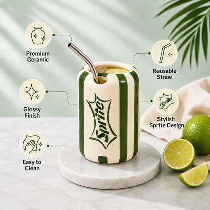 Sprite-inspired Ceramic Sipper with Stainless Steel Straw – 400ml | Ocean Store